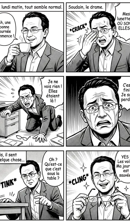 Drame au Bureau : exemple de BD style Animation générée par IA