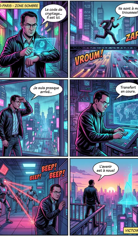Néo-Paris 2077 : exemple de BD style Science-Fiction générée par IA